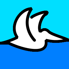 Logo du site avec une silhouette de pélican blanche sur fond bleu